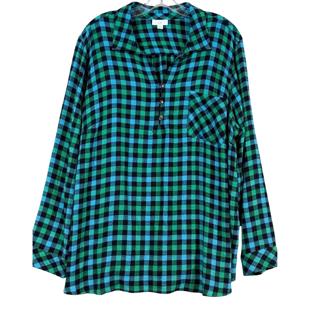 J. Jill Womens 2X Green Blue Buffalo Plaid Henley Tunic Long Sleeve Top Rayon